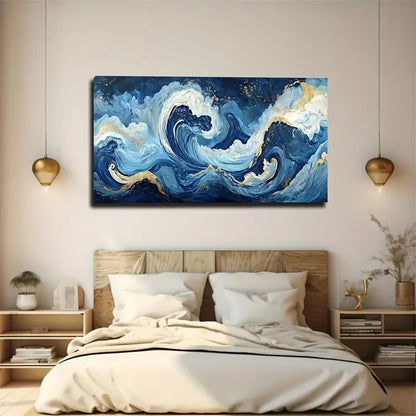 Blue & Golden Swirling Wall Art Canvas Office Home Room Framed 120x60cm