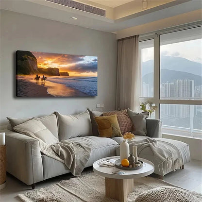 Serene Beach Scene Two Horse Wall Art Canvas Office Home Room Framed 120x60cm - Bella Home Decor