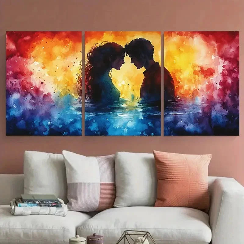 3pcs Vibrant Watercolor Couple in water Scene Metal Print Ready to Hang Art