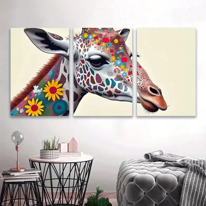 3pcs Vibrant Giraffe With Floral Patterns Wall Art Set Canvas Framed 60x90cm - High Quality Print 100% Australian Made Wall Canvas Ready to Hang