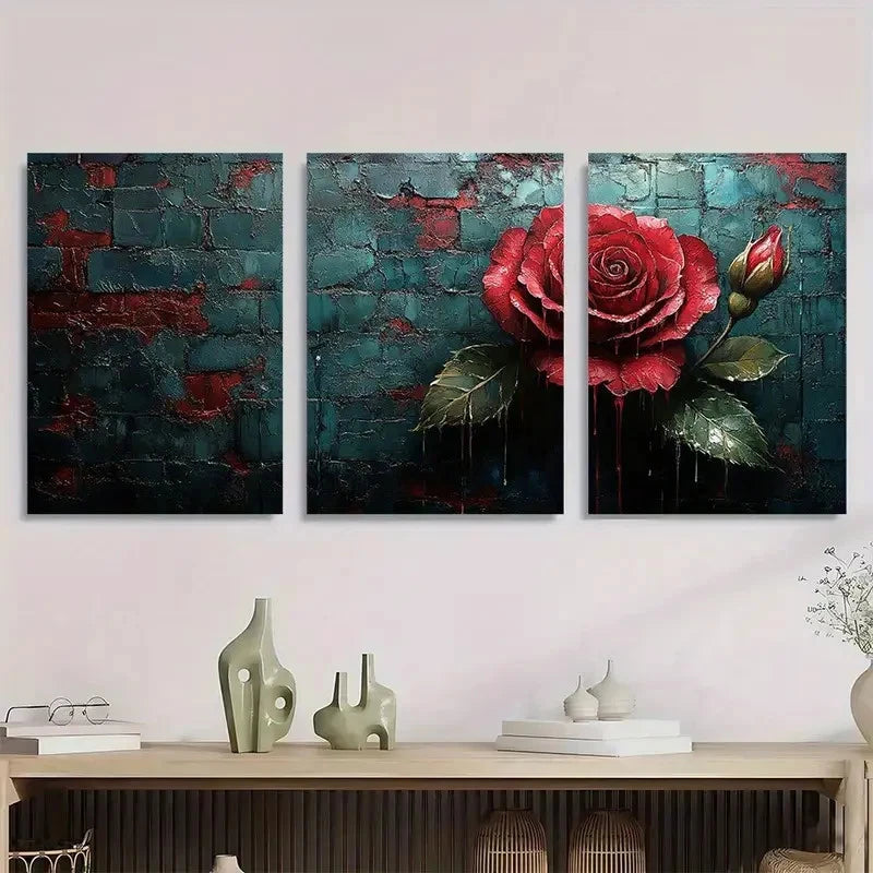 3pcs Bright Red Roses & Green Leaves Metal Print Ready to Hang Art - Bella Home Decor