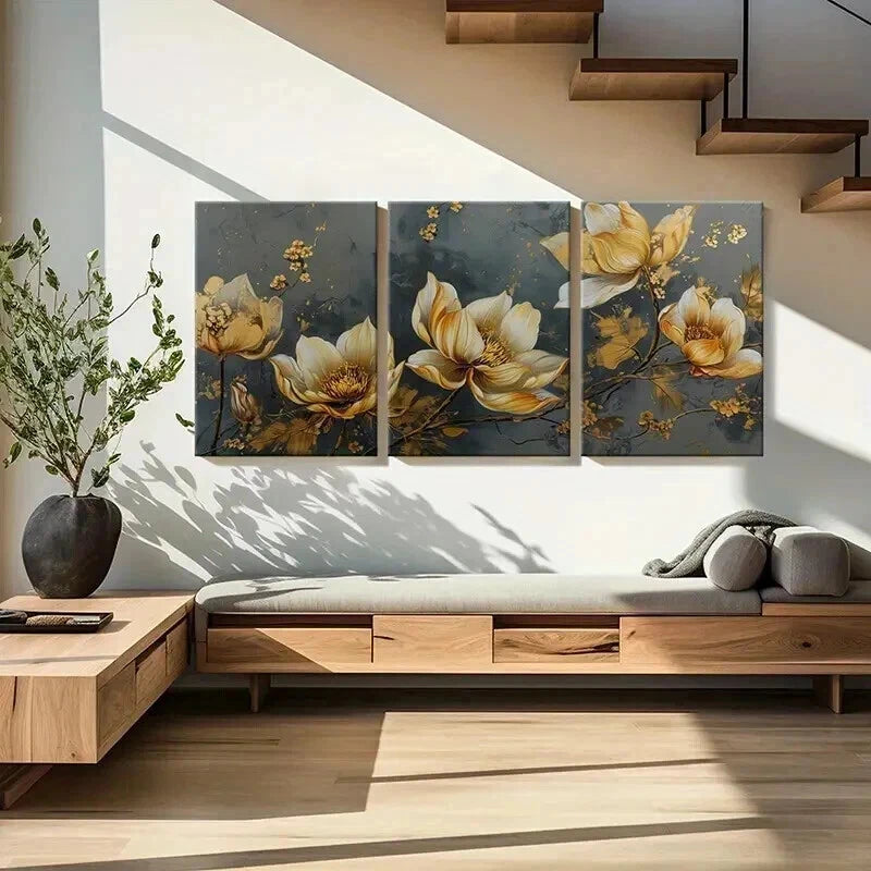 3pcs Elegant Golden Floral Decoration Wall Art Set Canvas Framed 40x60cm - High Quality Print 100% Australian Made Wall Canvas Ready to Hang