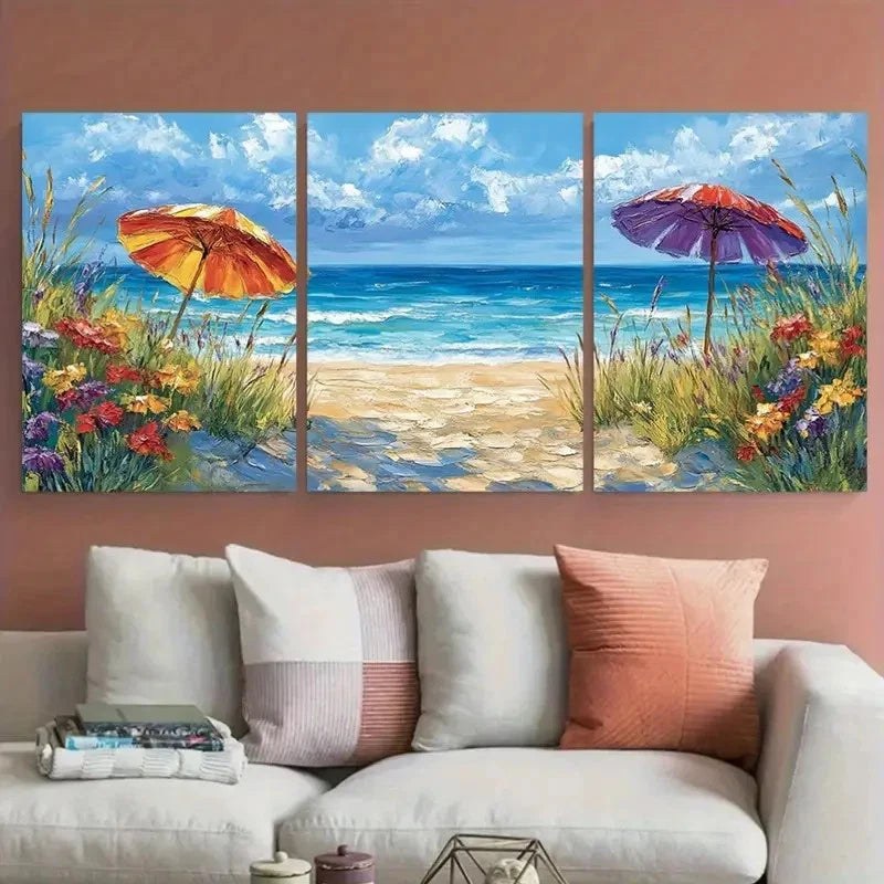 3pcs Coastal Summer Beach Day Vibrant Ocean View Wall Art Set Canvas Framed 40x60cm - High Quality Print 100% Australian Made Wall Canvas Ready to Hang - Bella Home Decor