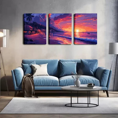 3pcs Beach Scene with Palm Trees & Sunset Wall Art Set Wall Art Canvas Unframed - High Quality Print 100% Australian Made Wall Canvas - Bella Home Decor