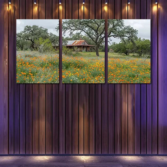 3pcs A Rustic Cabin In A Field Of Wildflowers Wall Art Set Canvas Framed 60x90cm - High Quality Print 100% Australian Made Wall Canvas Ready to Hang