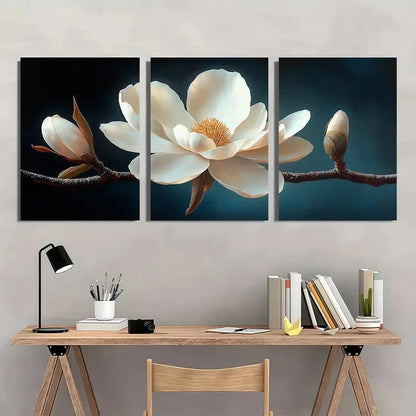 3pcs Elegant White Magnolia Flower Serene Floral Metal Print Ready to Hang Art - Bella Home Decor