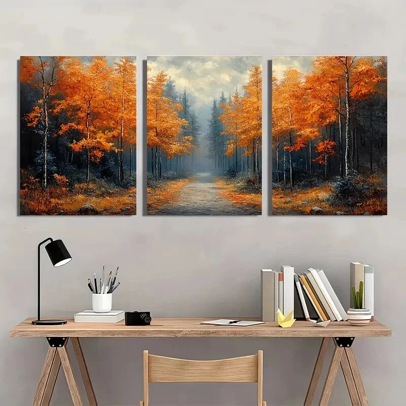 3pcs Abstract Autumn Forest Landscape Path Prints Metal Print Ready to Hang Art - Bella Home Decor
