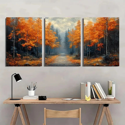 3pcs Abstract Autumn Forest Landscape Path Prints Metal Print Ready to Hang Art - Bella Home Decor