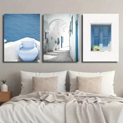 3pcs Santorini Island & Mykonos Lands Perfect Wall Art Set Canvas Framed 60x90cm - High Quality Print 100% Australian Made Wall Canvas Ready to Hang - Bella Home Decor