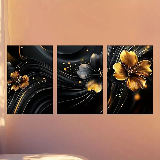 3pcs Black and Golden Flowers Wallpaper Wall Art Set Canvas Framed 50x70cm - High Quality Print 100% Australian Made Wall Canvas Ready to Hang