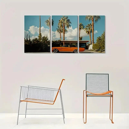 3pcs Vintage Car and Palm Trees Metal Print Ready to Hang Art