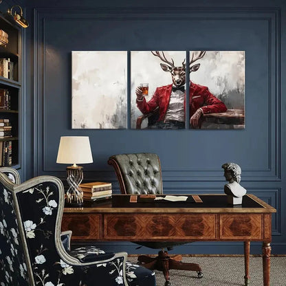 3pcs Elegant Deer in Red Suit Fantasy Animal Metal Print Ready to Hang Art - Bella Home Decor