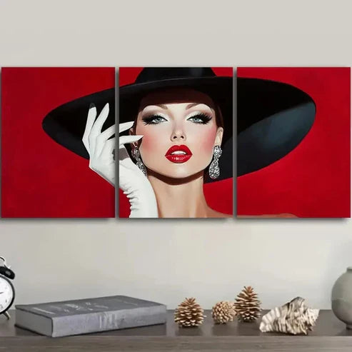 3pcs Fashionable woman in black hat Wall Art Set Canvas Unframed - High Quality Print 100% Australian Made Wall Canvas