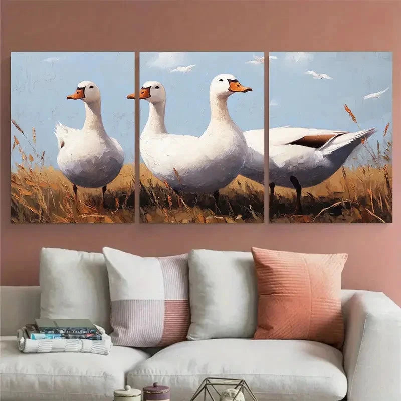 3pcs White Geese Farmhouse Animal Wall Art Set Canvas Framed 50x70cm - High Quality Print 100% Australian Made Wall Canvas Ready to Hang