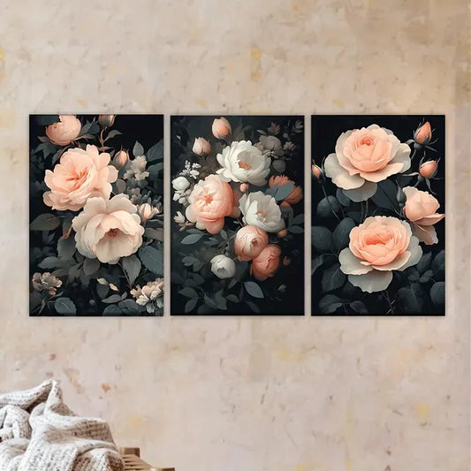 3pcs a bunch of pink roses on a black Wall Art Set Canvas Framed 60x90cm - High Quality Print 100% Australian Made Wall Canvas Ready to Hang