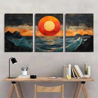 3pcs Abstract Ocean Vibrant Sunset & Wave Design Metal Print Ready to Hang Art - Bella Home Decor