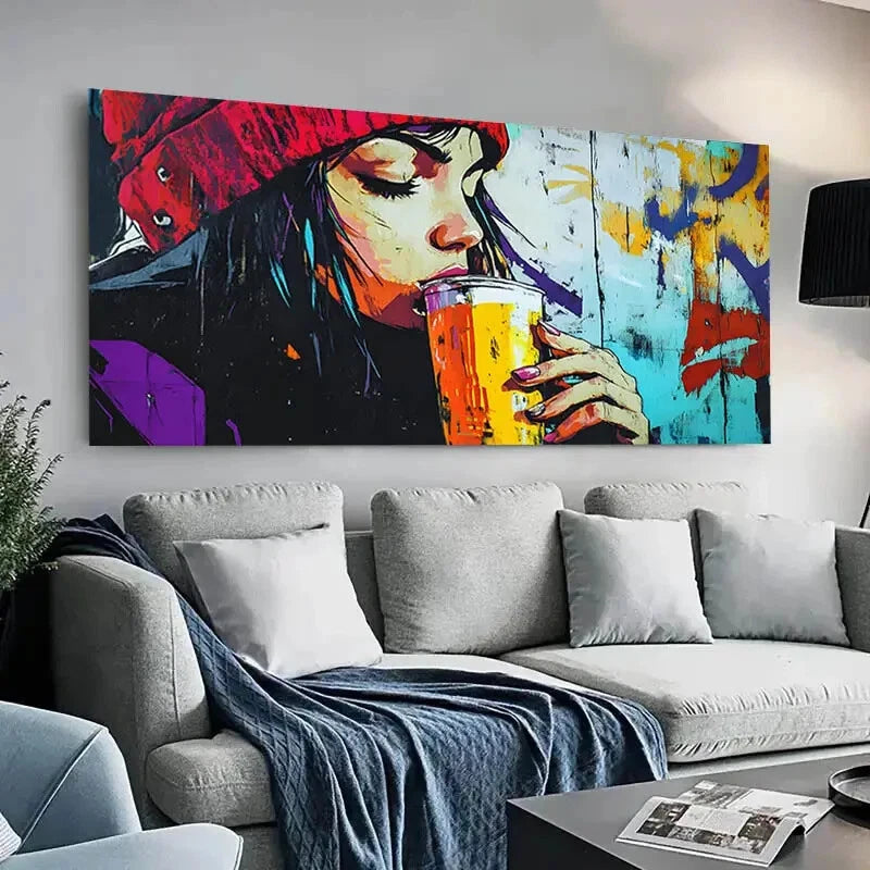 Abstract Lady with a Drink wall canvas office home room framed 120x60cm - Bella Home Decor