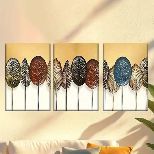 3pcs a row of metal leaves on a Golden Wall Art Set Canvas Framed 50x70cm - High Quality Print 100% Australian Made Wall Canvas Ready to Hang