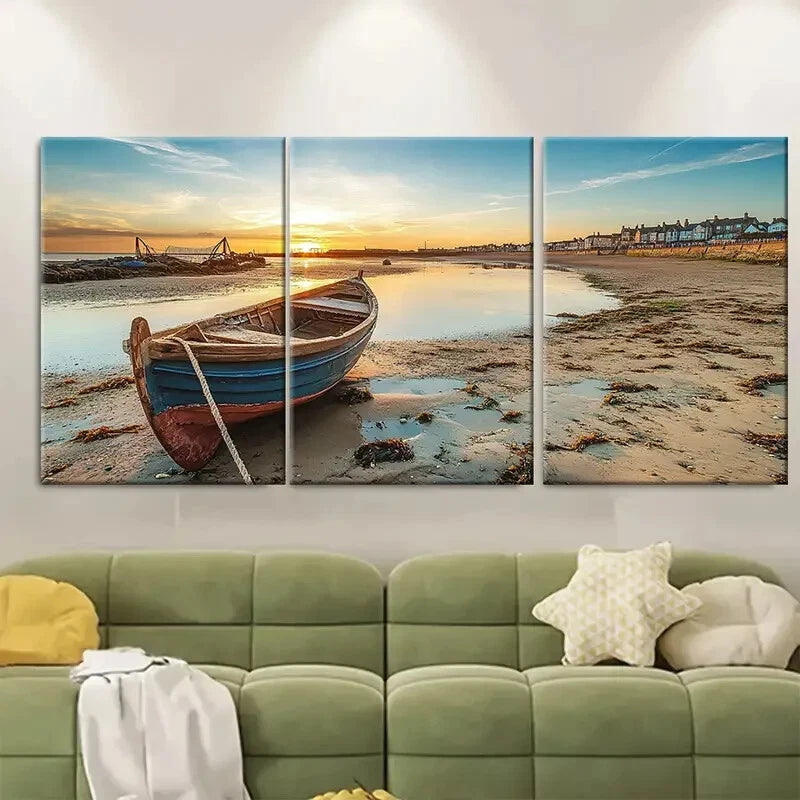 3pcs Featuring Serene Beach Scene with Boat Metal Print Ready to Hang Art - Bella Home Decor