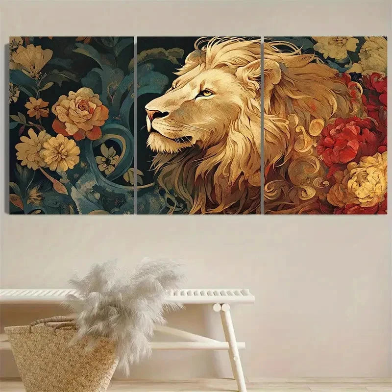 3pcs Vibrant Floral and Golden Lion Wall Art Set Canvas Framed 40x60cm - High Quality Print 100% Australian Made Wall Canvas Ready to Hang