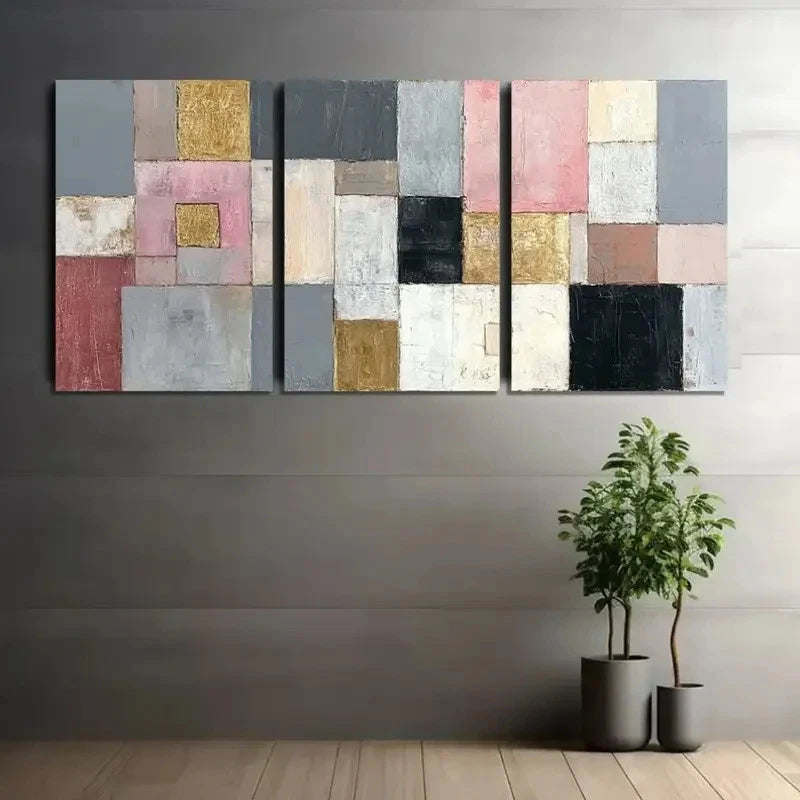 3pcs Abstract Geometric Grey Pink Golden & Black Metal Print Ready to Hang Art - Bella Home Decor
