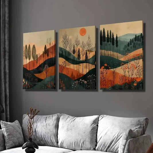 3pcs Colorful Autumn Sunset Forest & Mountain Wall Art Set Canvas Framed 50x70cm - High Quality Print 100% Australian Made Wall Canvas Ready to Hang