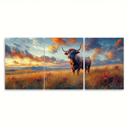 3pcs Colourful Sky Highland COW   Wall Art Set Canvas Framed 60x90cm - High Quality Print 100% Australian Made Wall Canvas Ready to Hang - Bella Home Decor
