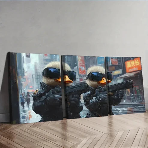 3pcs Two Cute Baby Ducks in Cyberpunk Armor Wall Art Set Canvas Unframed - High Quality Print 100% Australian Made Wall Canvas