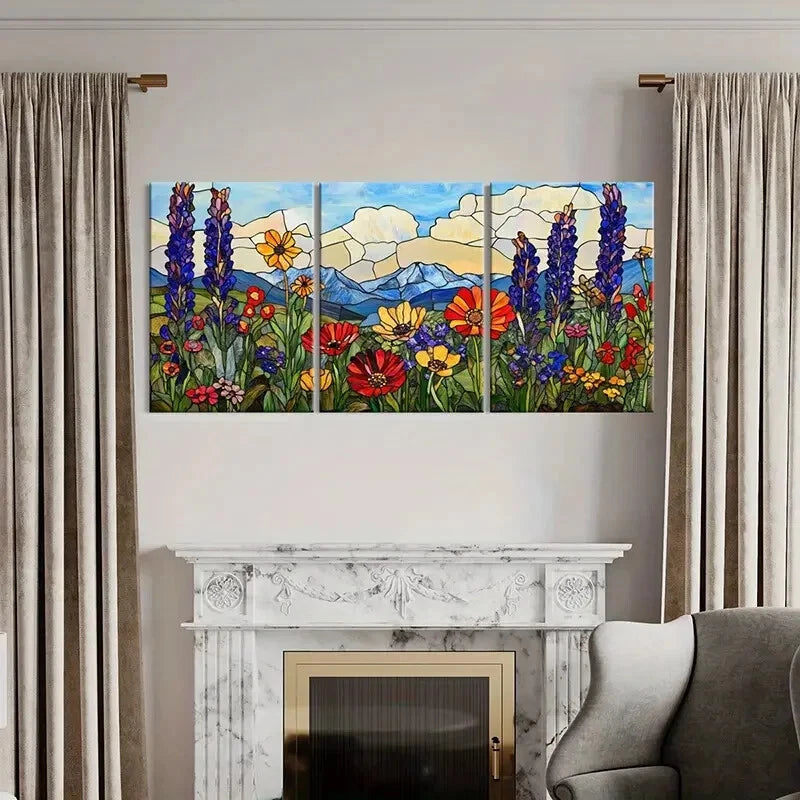 3pcs Stained Glass Wildflowers Mountain Landscape Metal Print Ready to Hang Art - Bella Home Decor