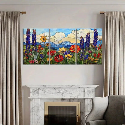 3pcs Stained Glass Wildflowers Mountain Landscape Metal Print Ready to Hang Art - Bella Home Decor