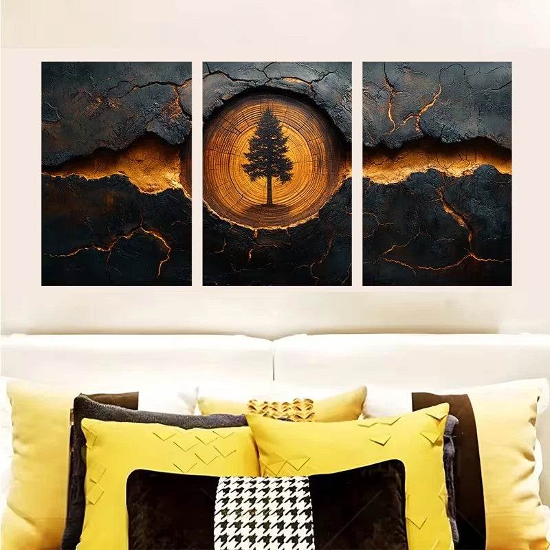 3pcs Abstract Golden Tree Rings Metal Print Ready to Hang Art - Bella Home Decor