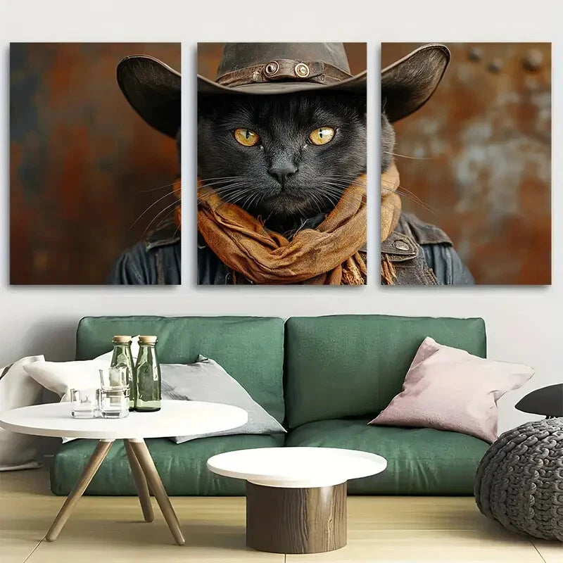 3pcs Black Cowboy Cat Western Metal Print Ready to Hang Art