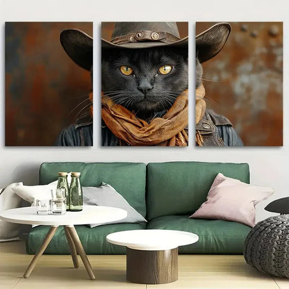 3pcs Black Cowboy Cat Western Metal Print Ready to Hang Art