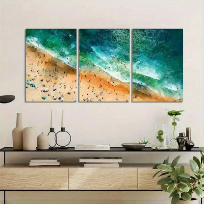 3pcs Crowded Beach with Green Seawater Poster Metal Print Ready to Hang Art - Bella Home Decor