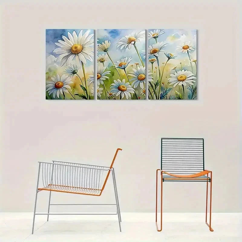 3pcs Daisy White Flower and Green Leaves Metal Print Ready to Hang Art - Bella Home Decor