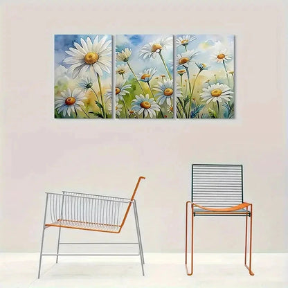 3pcs Daisy White Flower and Green Leaves Metal Print Ready to Hang Art - Bella Home Decor