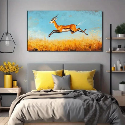 Nimble Jumping Deer In Grass Wall Art Canvas Office Home Room Framed 120x60cm