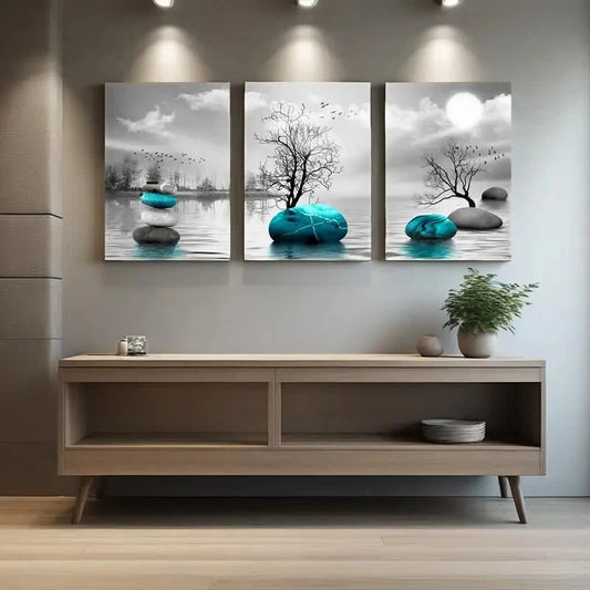 3pcs Red Tree of Life Teal Beach and Stones, Metal Print Ready to Hang Art