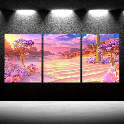 3pcs Vibrant Desert Cactus with Pink Florals Metal Print Ready to Hang Art - Bella Home Decor