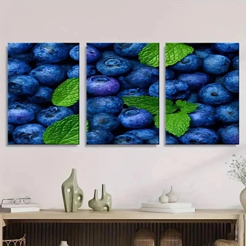 3pcs Fresh Blueberries with Mint Leaves Wall Art Set Canvas Framed 60x90cm - High Quality Print 100% Australian Made Wall Canvas Ready to Hang - Bella Home Decor