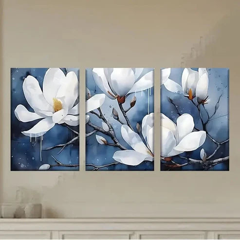 3pcs a painting of white flowers on a blue Wall Art Set Canvas Unframed - High Quality Print 100% Australian Made Wall Canvas