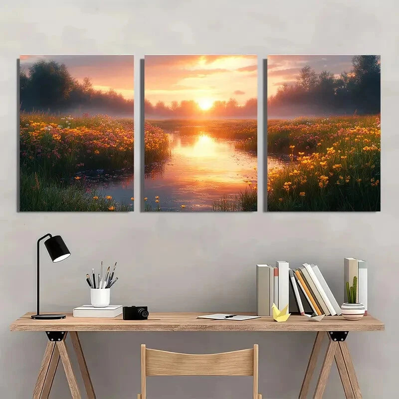 3pcs Soothing Morning Meadow Warm Pastel Sky Metal Print Ready to Hang Art - Bella Home Decor