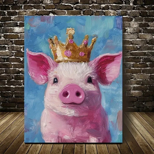 Beautiful Whimsical Crowned Pig Painting 40x60cm Metal Print Ready to Hang - Bella Home Decor