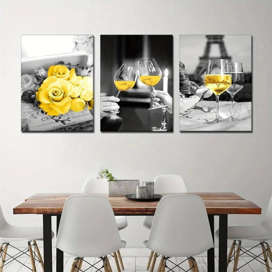 3pcs Glass Yellow Rose Kitchen Paris Metal Print Ready to Hang Art