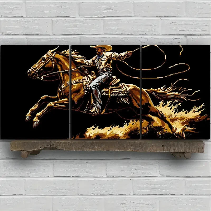 3pcs A For Man Riding a Horse Black & Gold Metal Print Ready to Hang Art - Bella Home Decor