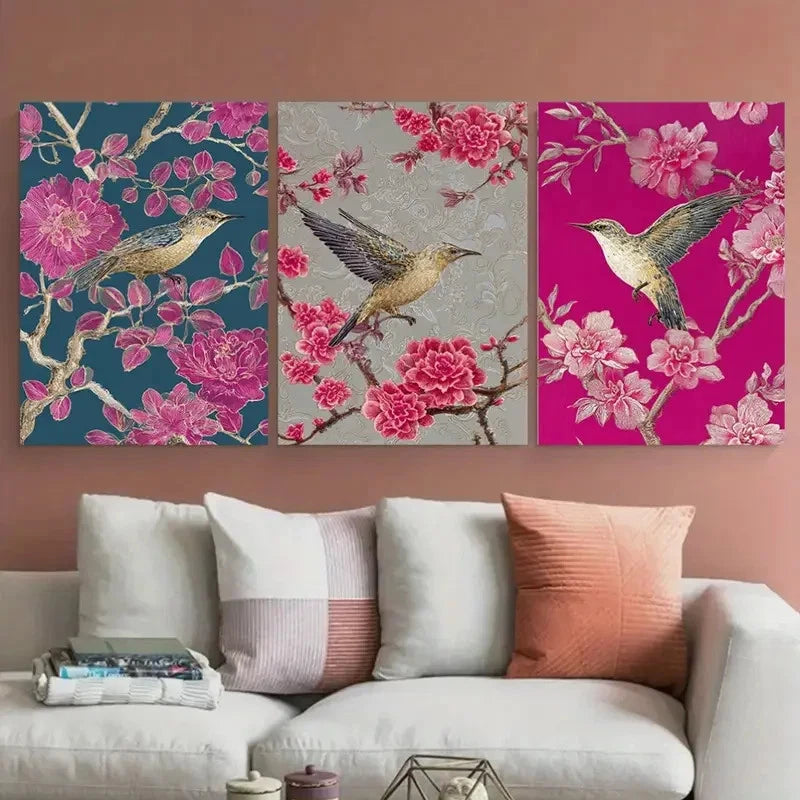3pcs Vintage Vietnamese Floral Pink Illustration Wall Art Set Canvas Framed 40x60cm - High Quality Print 100% Australian Made Wall Canvas Ready to Hang
