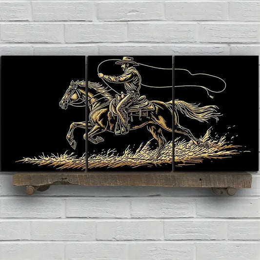3pcs Stunning Golden Horse Riding Metal Print Ready to Hang Art