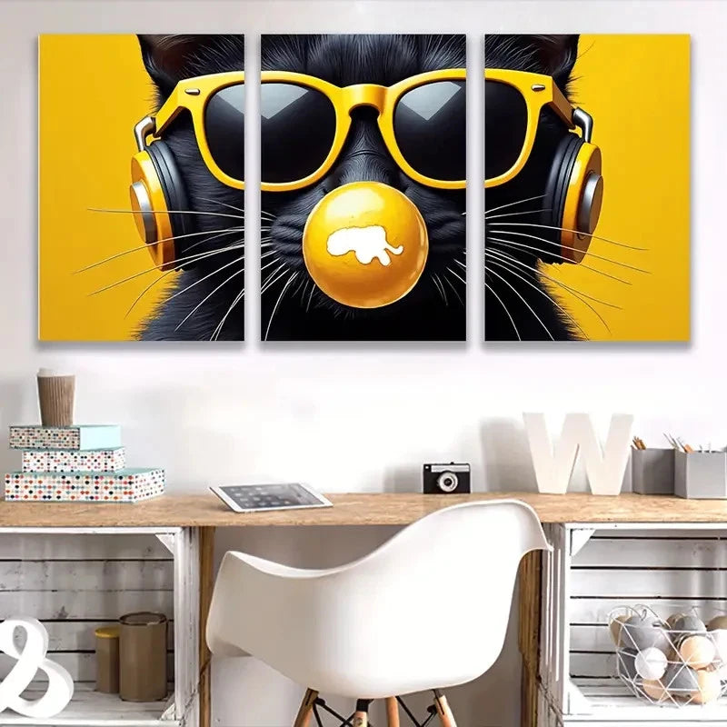 3pcs Black Cat in Fashion Glasses & Yellow   Wall Art Set Canvas Framed 40x60cm - High Quality Print 100% Australian Made Wall Canvas Ready to Hang - Bella Home Decor