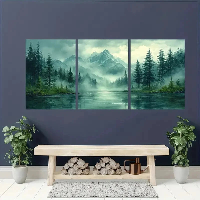 3pcs Mount Rainier Painting Foggy Forest Metal Print Ready to Hang Art