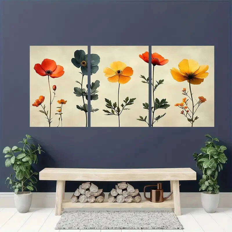 3pcs Vibrant Wildflower Botanical Illustrations Metal Print Ready to Hang Art - Bella Home Decor